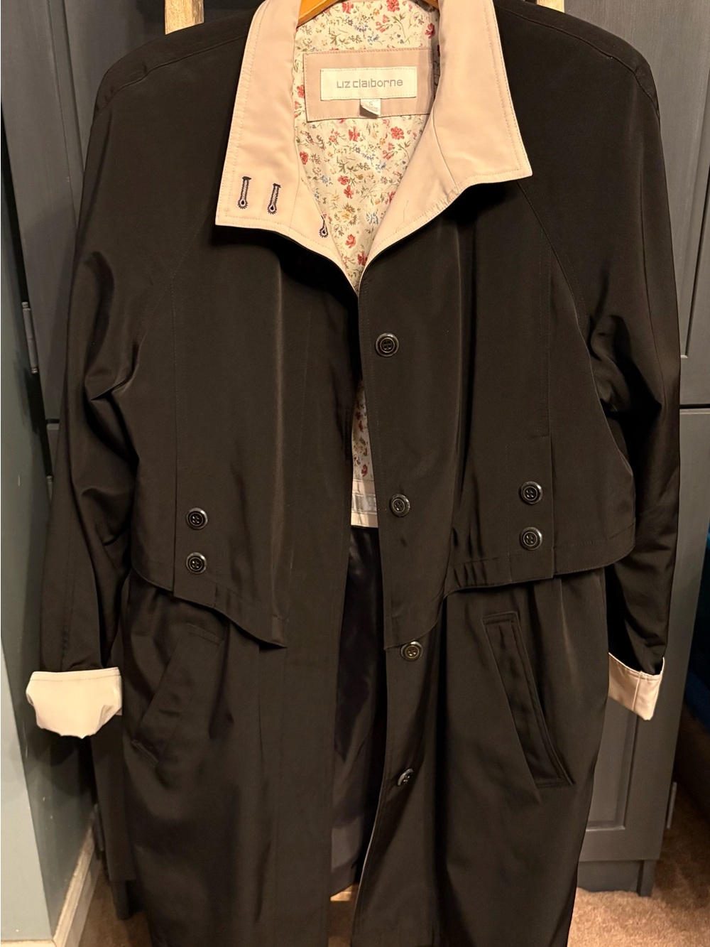 Liz Claiborne Black Trench Coat with Cream Collar
